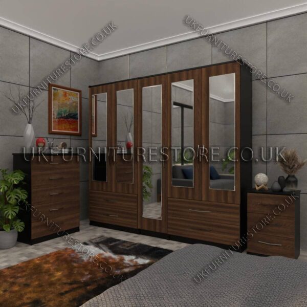 Front Walnut Side Black 5 Door Wardrobe With 5 Mirrors and 4 Bottom Drawers Set With Chest Drawer and Bedside
