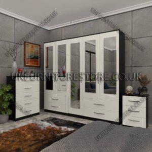 Front White Side Black 5 Door Wardrobe With 5 Mirrors and 4 Bottom Drawers Set With Chest Drawer and Bedside