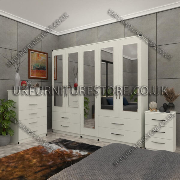 White 5 Door Wardrobe With 5 Mirrors and 4 Bottom Drawers Set With Chest Drawer and Bedside