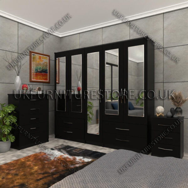 Black 5 Door Wardrobe With 5 Mirrors and 4 Bottom Drawers Set With Chest Drawer and Bedside