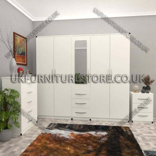 White 5 Door With 1 Mirror and 3 Bottom Drawer Wardrobe Set With Chest Drawer and Bedside