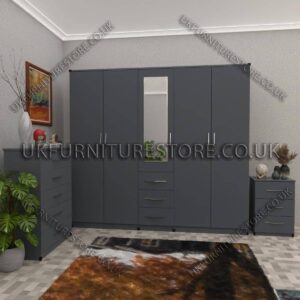 Gray 5 Door With 1 Mirror and 3 Bottom Drawer Wardrobe Set With Chest Drawer and Bedside