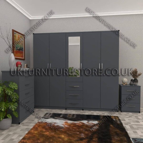 Gray 5 Door With 1 Mirror and 3 Bottom Drawer Wardrobe Set With Chest Drawer and Bedside
