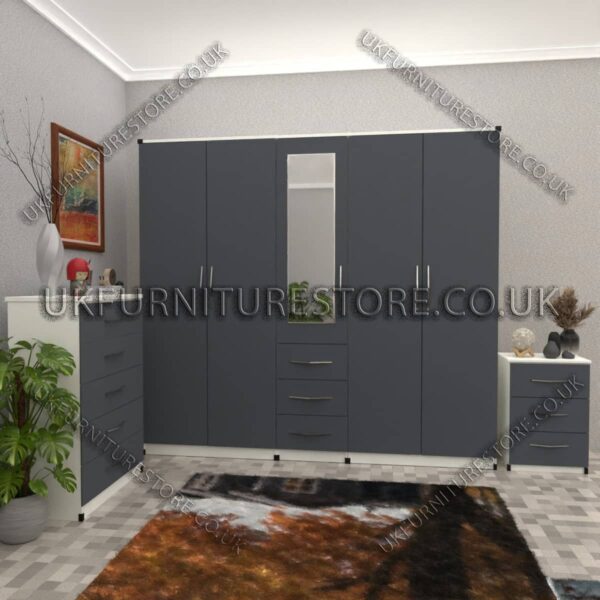 Front Gray Side White 5 Door With 1 Mirror and 3 Bottom Drawer Wardrobe Set With Chest Drawer and Bedside