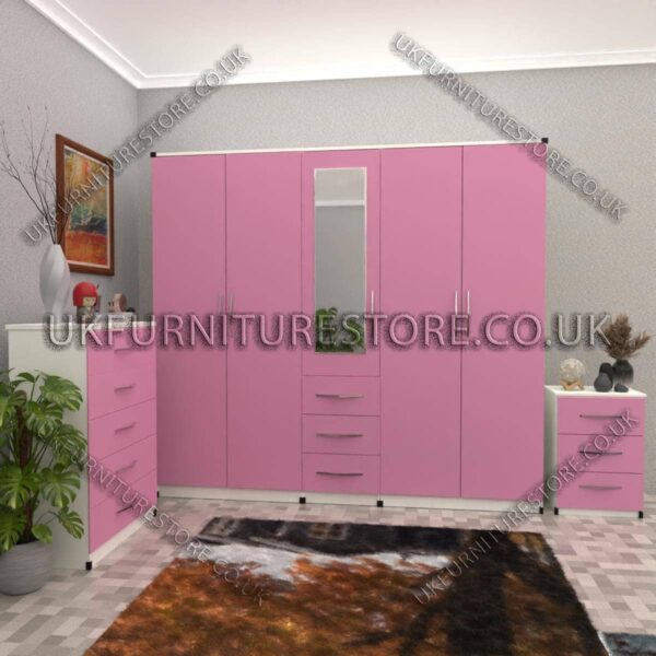 Front Pink Side White 5 Door With 1 Mirror and 3 Bottom Drawer Wardrobe Set With Chest Drawer and Bedside