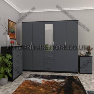 Front Gray Side Black 5 Door With 1 Mirror and 3 Bottom Drawer Wardrobe Set With Chest Drawer and Bedside