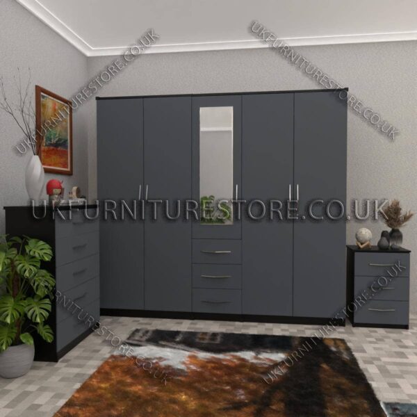 Front Gray Side Black 5 Door With 1 Mirror and 3 Bottom Drawer Wardrobe Set With Chest Drawer and Bedside
