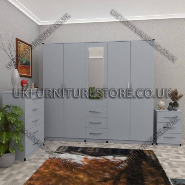 Silver 5 Door With 1 Mirror and 3 Bottom Drawer Wardrobe Set With Chest Drawer and Bedside