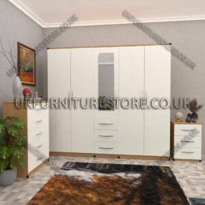 Front White Side Beech 5 Door With 1 Mirror and 3 Bottom Drawer Wardrobe Set With Chest Drawer and Bedside