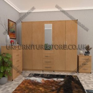 Beech 5 Door With 1 Mirror and 3 Bottom Drawer Wardrobe Set With Chest Drawer and Bedside