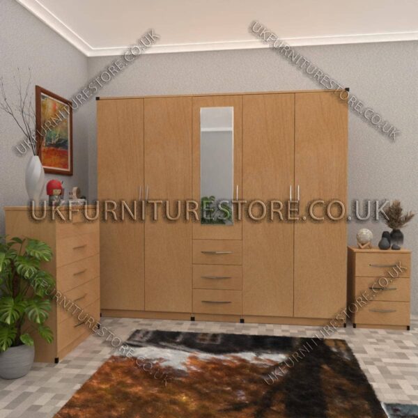 Beech 5 Door With 1 Mirror and 3 Bottom Drawer Wardrobe Set With Chest Drawer and Bedside