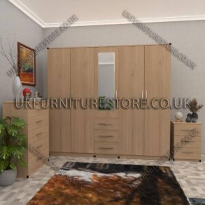Oak 5 Door With 1 Mirror and 3 Bottom Drawer Wardrobe Set With Chest Drawer and Bedside