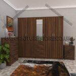 Walnut 5 Door With 1 Mirror and 3 Bottom Drawer Wardrobe Set With Chest Drawer and Bedside