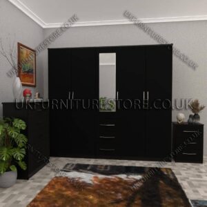 Black 5 Door With 1 Mirror and 3 Bottom Drawer Wardrobe Set With Chest Drawer and Bedside