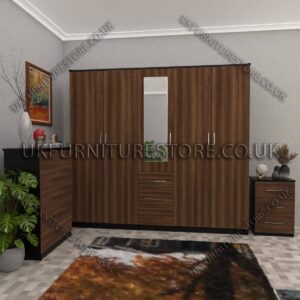 Front Walnut Side Black 5 Door With 1 Mirror and 3 Bottom Drawer Wardrobe Set With Chest Drawer and Bedside