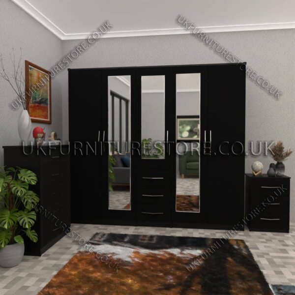 Black 5 Door With 3 Mirrors and 3 Bottom Drawer Wardrobe Set With Chest Drawer and Bedside
