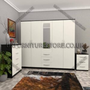 Front White Side Black 5 Door With 1 Mirror and 3 Bottom Drawer Wardrobe Set With Chest Drawer and Bedside