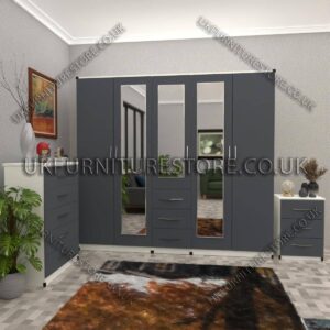 Front Gray Side White 5 Door With 3 Mirrors and 3 Bottom Drawer Wardrobe Set With Chest Drawer and Bedside