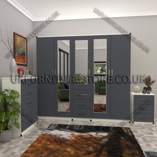Front Gray Side White 5 Door With 3 Mirrors and 3 Bottom Drawer Wardrobe Set With Chest Drawer and Bedside