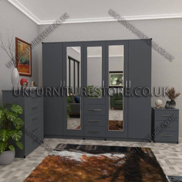 Gray 5 Door With 3 Mirrors and 3 Bottom Drawer Wardrobe Set With Chest Drawer and Bedside