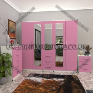 Front Pink Side White 5 Door With 3 Mirrors and 3 Bottom Drawer Wardrobe Set With Chest Drawer and Bedside