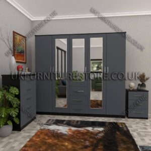 Front Gray Side Black 5 Door With 3 Mirrors and 3 Bottom Drawer Wardrobe Set With Chest Drawer and Bedside
