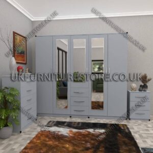 Silver 5 Door With 3 Mirrors and 3 Bottom Drawer Wardrobe Set With Chest Drawer and Bedside