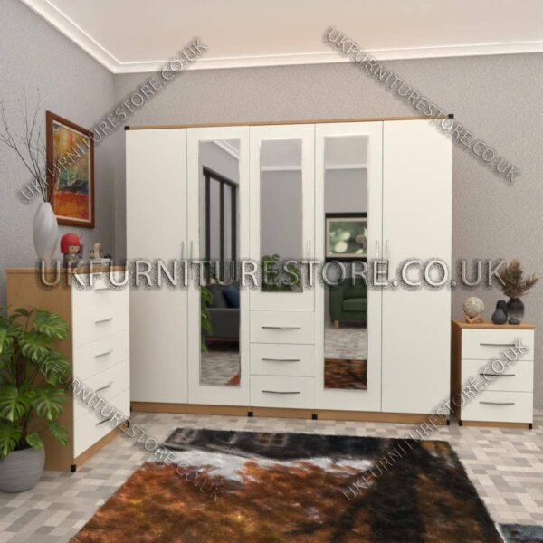 Front White Side Beech 5 Door With 3 Mirrors and 3 Bottom Drawer Wardrobe Set With Chest Drawer and Bedside