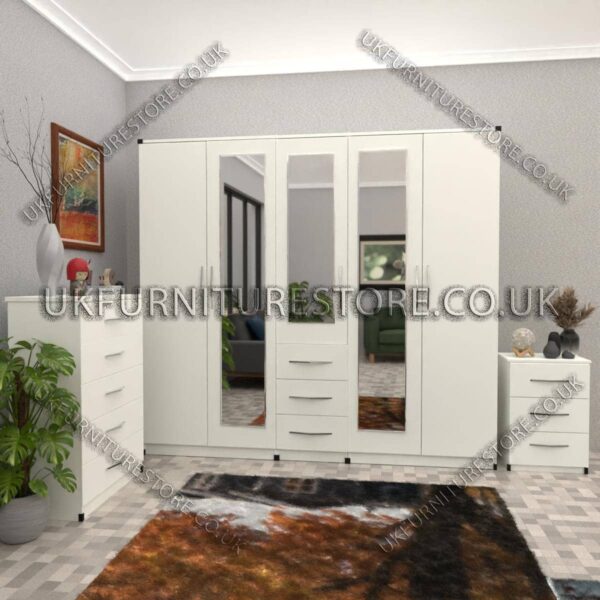 White 5 Door With 3 Mirrors and 3 Bottom Drawer Wardrobe Set With Chest Drawer and Bedside