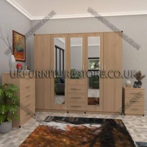 Oak 5 Door With 3 Mirrors and 3 Bottom Drawer Wardrobe Set With Chest Drawer and Bedside
