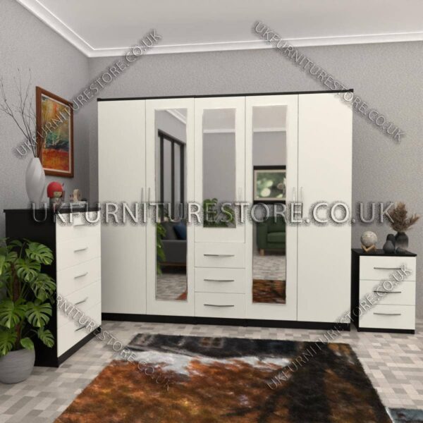 Front White Side Black 5 Door With 3 Mirrors and 3 Bottom Drawer Wardrobe Set With Chest Drawer and Bedside