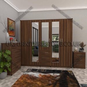 Walnut 5 Door With 3 Mirrors and 3 Bottom Drawer Wardrobe Set With Chest Drawer and Bedside