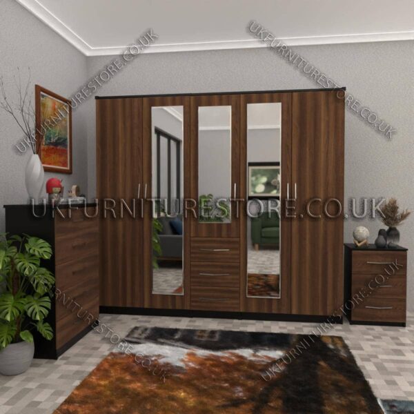 Front Walnut Side Black 5 Door With 3 Mirrors and 3 Bottom Drawer Wardrobe Set With Chest Drawer and Bedside