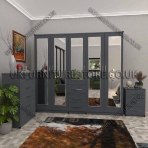 Silver 5 Door With 5 Mirrors and 3 Bottom Drawer Wardrobe Set With Chest Drawer and Bedside