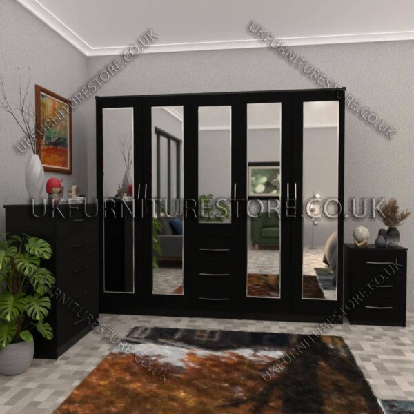 Black 5 Door With 5 Mirrors and 3 Bottom Drawer Wardrobe Set With Chest Drawer and Bedside