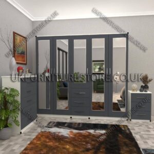 Front Silver Side White 5 Door With 5 Mirrors and 3 Bottom Drawer Wardrobe Set With Chest Drawer and Bedside