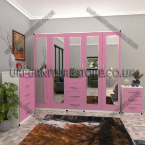 Front Pink Side White 5 Door With 5 Mirrors and 3 Bottom Drawer Wardrobe Set With Chest Drawer and Bedside