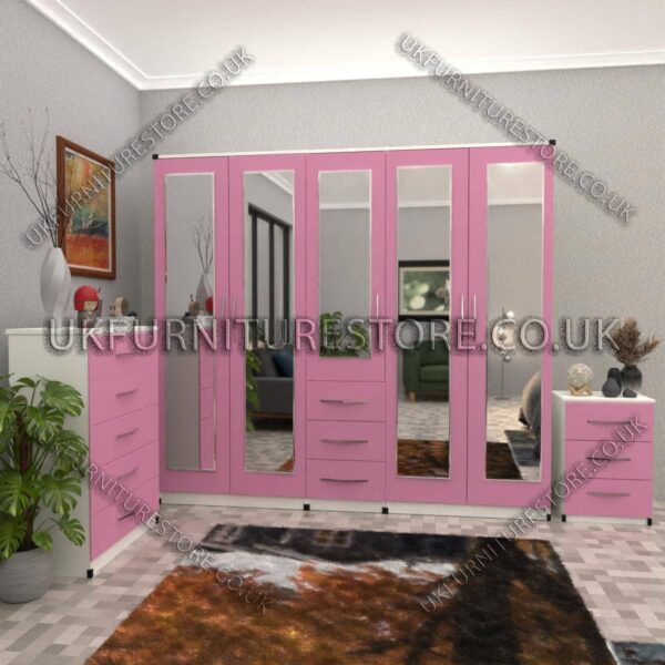 Front Pink Side White 5 Door With 5 Mirrors and 3 Bottom Drawer Wardrobe Set With Chest Drawer and Bedside