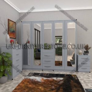 Silver 5 Door With 5 Mirrors and 3 Bottom Drawer Wardrobe Set With Chest Drawer and Bedside