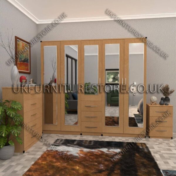 Beech 5 Door With 5 Mirrors and 3 Bottom Drawer Wardrobe Set With Chest Drawer and Bedside