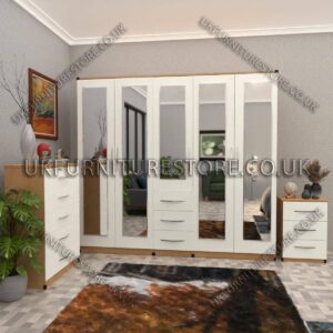 Front White Side Beech 5 Door With 5 Mirrors and 3 Bottom Drawer Wardrobe Set With Chest Drawer and Bedside
