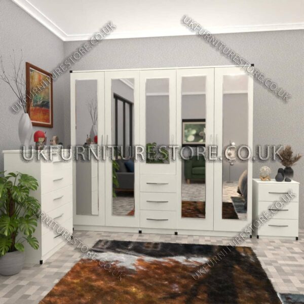 White 5 Door With 5 Mirrors and 3 Bottom Drawer Wardrobe Set With Chest Drawer and Bedside