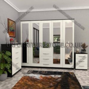 Front White Side Black 5 Door With 5 Mirrors and 3 Bottom Drawer Wardrobe Set With Chest Drawer and Bedside