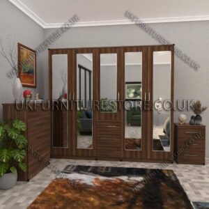 Walnut 5 Door With 5 Mirrors and 3 Bottom Drawer Wardrobe Set With Chest Drawer and Bedside