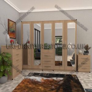 Oak 5 Door With 5 Mirrors and 3 Bottom Drawer Wardrobe Set With Chest Drawer and Bedside