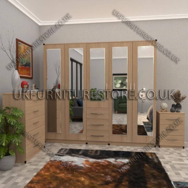 Oak 5 Door With 5 Mirrors and 3 Bottom Drawer Wardrobe Set With Chest Drawer and Bedside