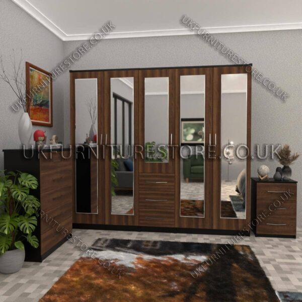 Front Walnut Side Black 5 Door With 5 Mirrors and 3 Bottom Drawer Wardrobe Set With Chest Drawer and Bedside