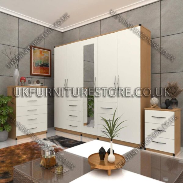 Front White Side Oak 5 Door 1 Mirrors Combi Wardrobe Set With Chest Drawer and Bedside