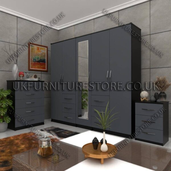 Front Gray Side Black 5 Door 1 Mirrors Combi Wardrobe Set With Chest Drawer and Bedside