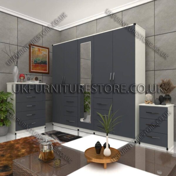Front Gray Side White 5 Door 1 Mirror Combi Wardrobe Set With Chest Drawer and Bedside